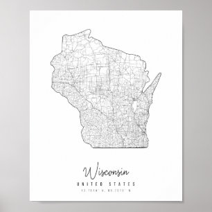 Affiche Carte de la rue minimale du Wisconsin