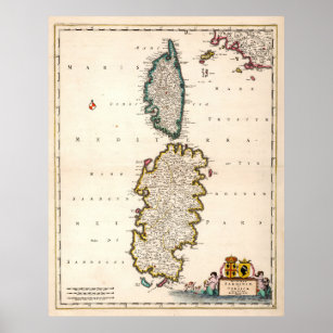 Affiche Carte de la Sardaigne vintage et de la Corse (1682