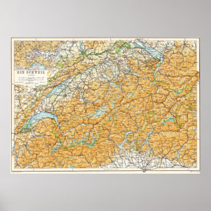 Affiche Carte de la Suisse Publié en 1913 Baedeker