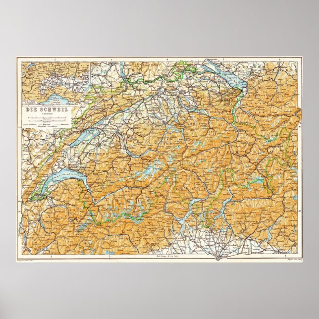Affiche Carte de la Suisse Publié en 1913 Baedeker (Devant)