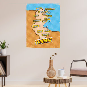 Affiche Carte de la Tunisie illustrée par Pop Art