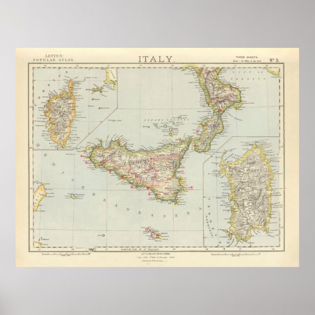 Affiche Carte de la vieille Sicile Italie (1883) (Devant)