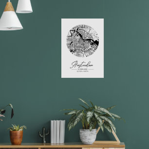 Affiche Carte de la ville d'Amsterdam minimaliste noir et
