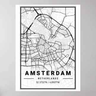 Affiche Carte de la ville d'Amsterdam minimaliste noir et