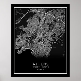 Affiche Carte de la ville d'Athènes - Athènes Carte noire