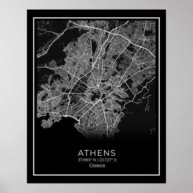 Affiche Carte de la ville d'Athènes - Athènes Carte noire (Devant)