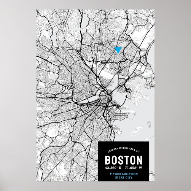 Affiche Carte de la ville de Boston avec votre emplacement (Devant)