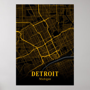 Affiche Carte de la ville de Detroit Michigan Gold Carte d