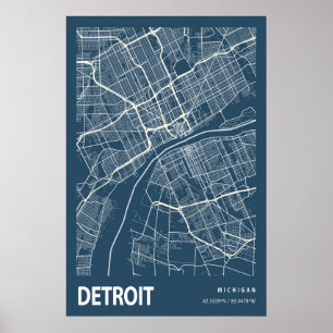 Affiche Carte de la ville de Detroit Michigan Ligne Art Bl