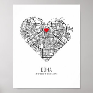 Affiche Carte de la ville de Doha au coeur (Qatar)