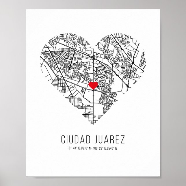 Affiche Carte de la ville de Heart Ciudad Juarez (Mexique) (Devant)