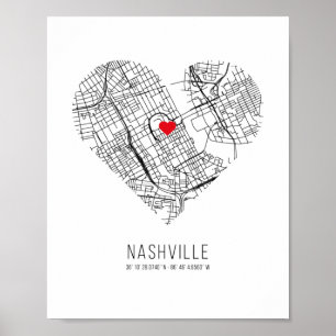 Affiche Carte de la ville de Heart Nashville (États-Unis)