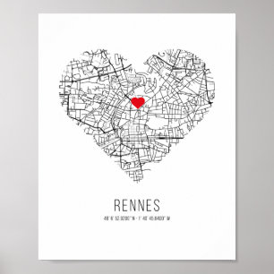 Affiche Carte de la ville de Heart Rennes (France)
