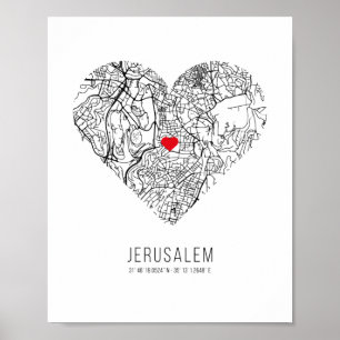 Affiche Carte de la ville de Jérusalem du coeur (Israël)