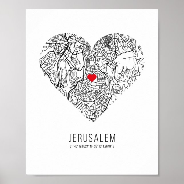 Affiche Carte de la ville de Jérusalem du coeur (Israël) (Devant)