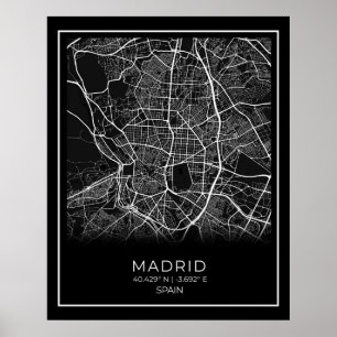 Affiche Carte de la ville de Madrid - Madrid Carte noire P