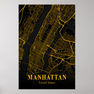 Affiche Carte de la ville de Manhattan Gold NYC Urban Stre