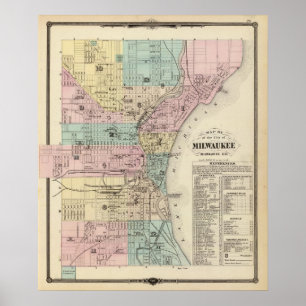 Affiche Carte de la ville de Milwaukee, Milwaukee Co