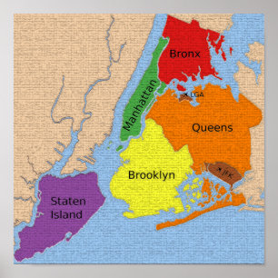 Affiche Carte de la ville de New York Boroughs Étiquettes