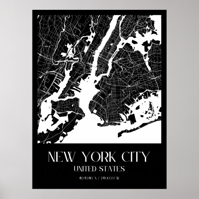 Affiche Carte de la ville de New York - Noir et blanc (Devant)