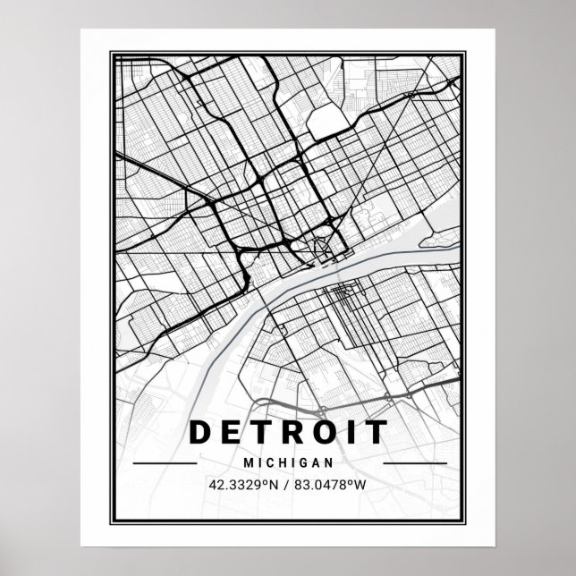 Affiche Carte de la ville de voyage de Detroit Michigan US (Devant)