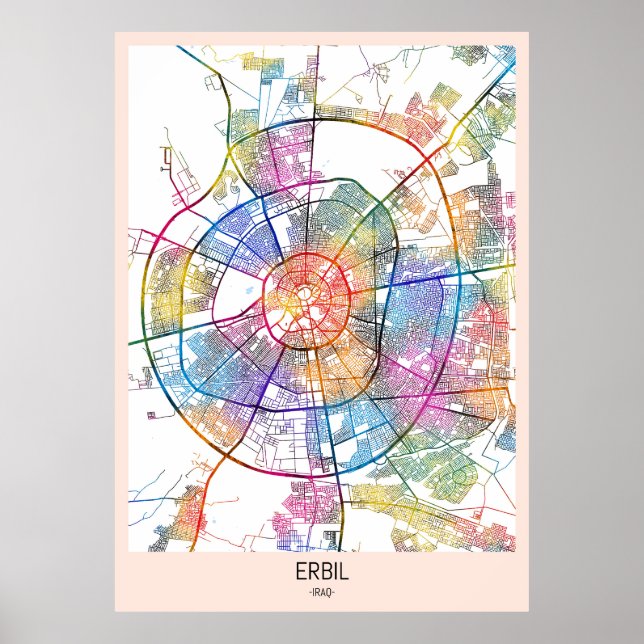 Affiche Carte de la ville d'Erbil Irak (Devant)