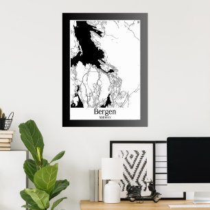 Affiche Carte de la ville moderne de Bergen Norvège