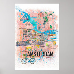 Affiche Carte de la ville touristique d'Amsterdam Pays-Bas