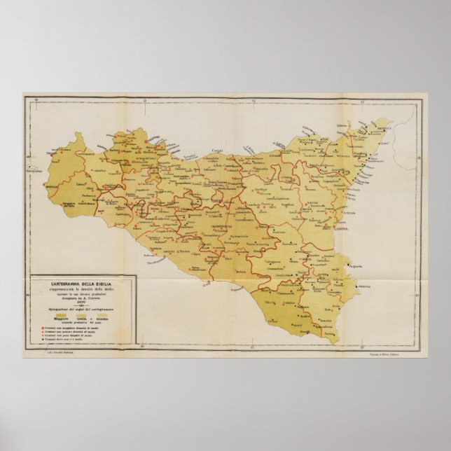 Affiche Carte de l'activité mafieuse en Sicile Italie 1900 (Devant)