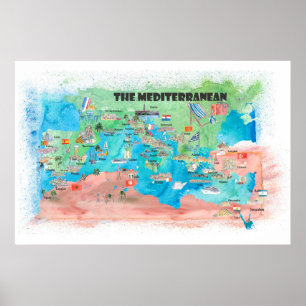 Affiche Carte de l'affiche de voyage de la Méditerranée Es