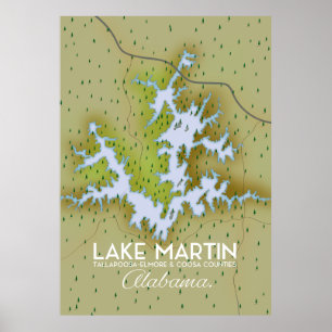 Affiche Carte de l'affiche de voyage du lac Martin Alabama