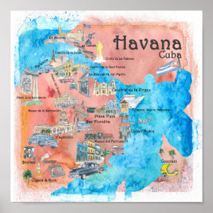 Affiche Carte de l'affiche de voyage illustrée Havana Cuba