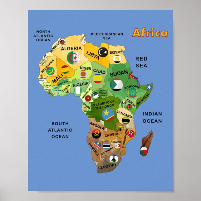 Affiche Carte de l'Afrique avec drapeaux Oeuvre (Devant)