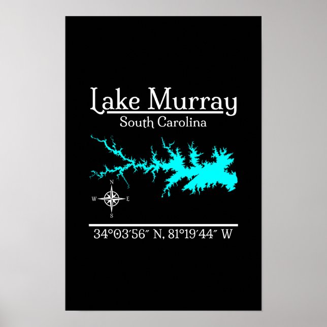 Affiche Carte de Lake Murray en Caroline du Sud avec coord (Devant)