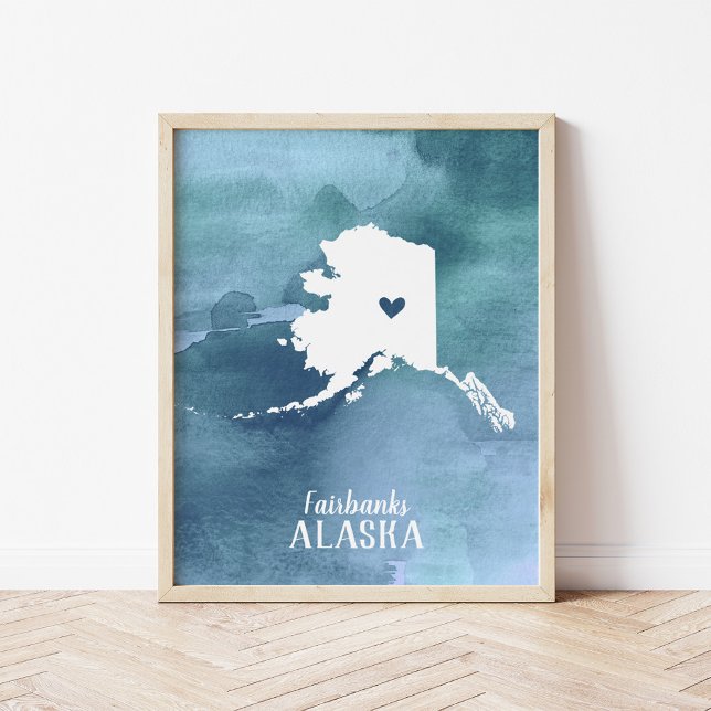 Affiche Carte de l'Alaska Aquarelle bleue Art personnalisé (Créateur téléchargé)