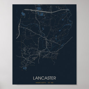 Affiche Carte de Lancaster Massachusetts (de nuit)