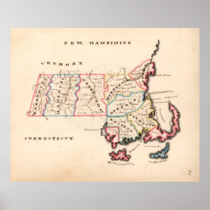 Affiche Carte de l'ancien Massachusetts (1819) L'État de l