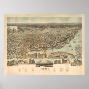Affiche Carte de l'ancien Tacoma WA (1890) Ville Vintage d