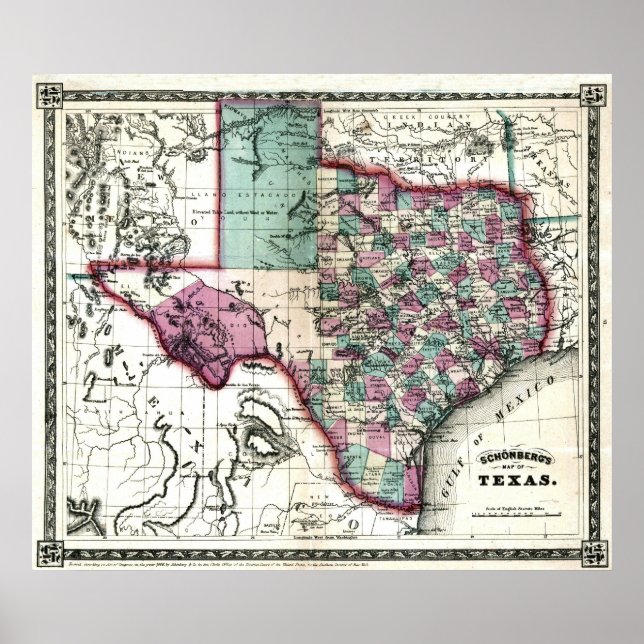 Affiche Carte de l'ancien Texas de 1866 (Devant)