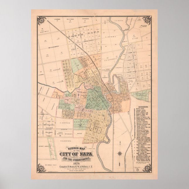 Affiche Carte de l'ancienne Napa CA (1879) Vin de Californ (Devant)