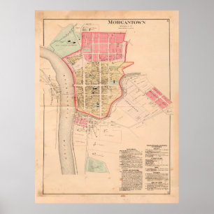 Affiche Carte de l'ancienne ville de Morgantown (1886) Vin