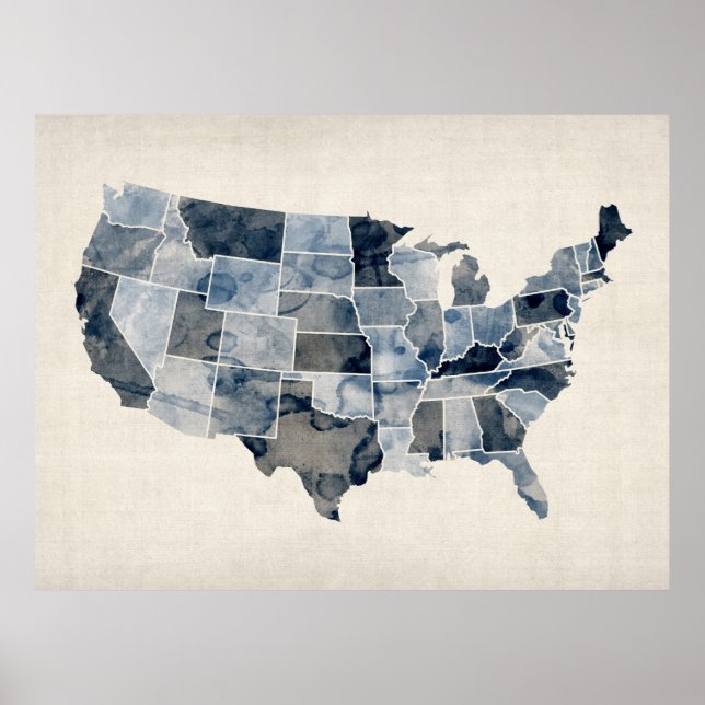 Affiche Carte de l'aquarelle des États-Unis (Devant)