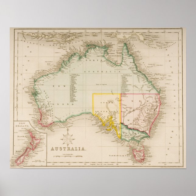 Affiche Carte de l'Australie et de la Nouvelle-Zélande (Devant)