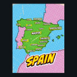 Affiche Carte de l'Espagne illustrée par Pop Art<br><div class="desc">Pop Art Illustrated Espagne Carte européenne dans un style vintage et ancien.</div>