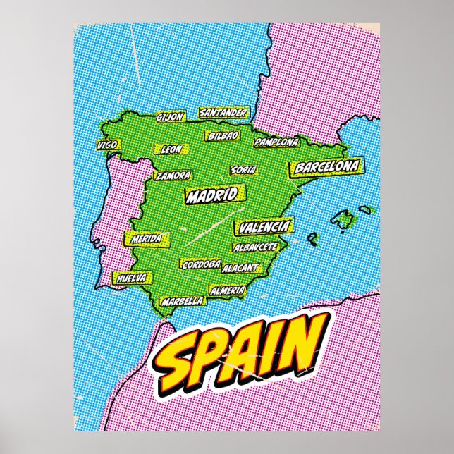 Affiche Carte de l'Espagne illustrée par Pop Art (Devant)