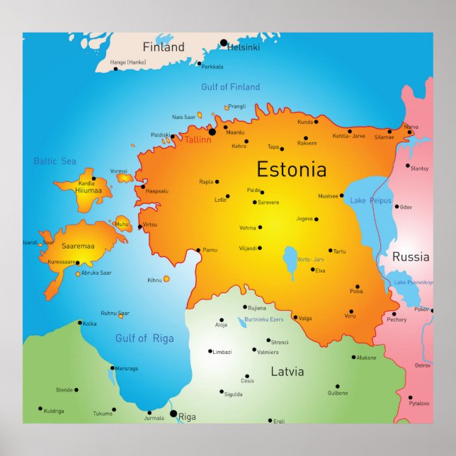 Affiche Carte de l'Estonie Pays balte et villes (Devant)