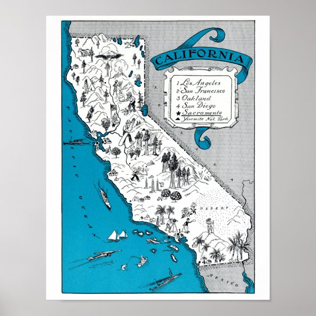 Affiche Carte de l'état de Californie vintage Imprimer Déc (Devant)