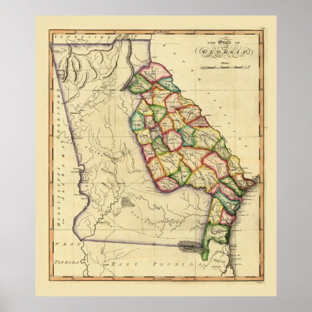 Affiche Carte de l'état de Géorgie (vers 1810) (Devant)