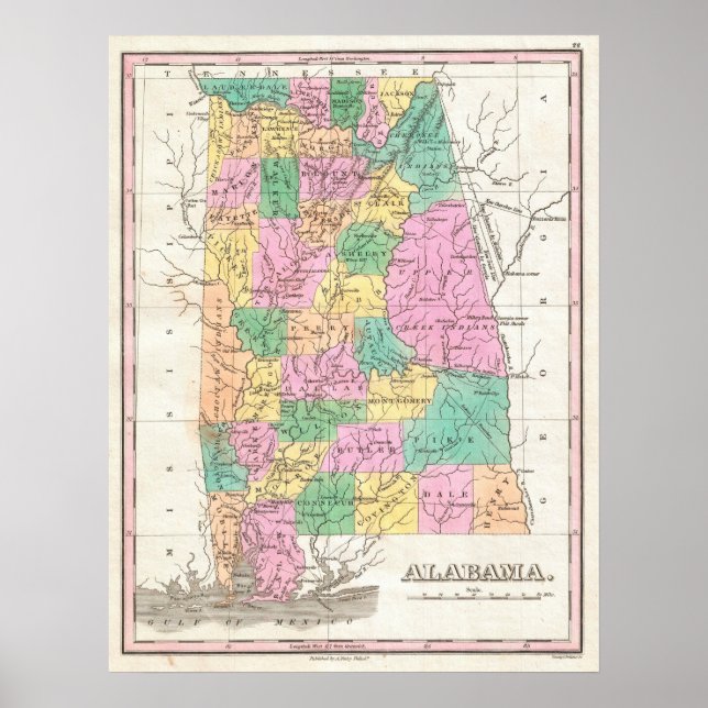 Affiche Carte de l'État de l'Alabama vintage (1827) (Devant)
