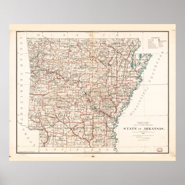 Affiche Carte de l'état de l'Arkansas (1886) (Devant)